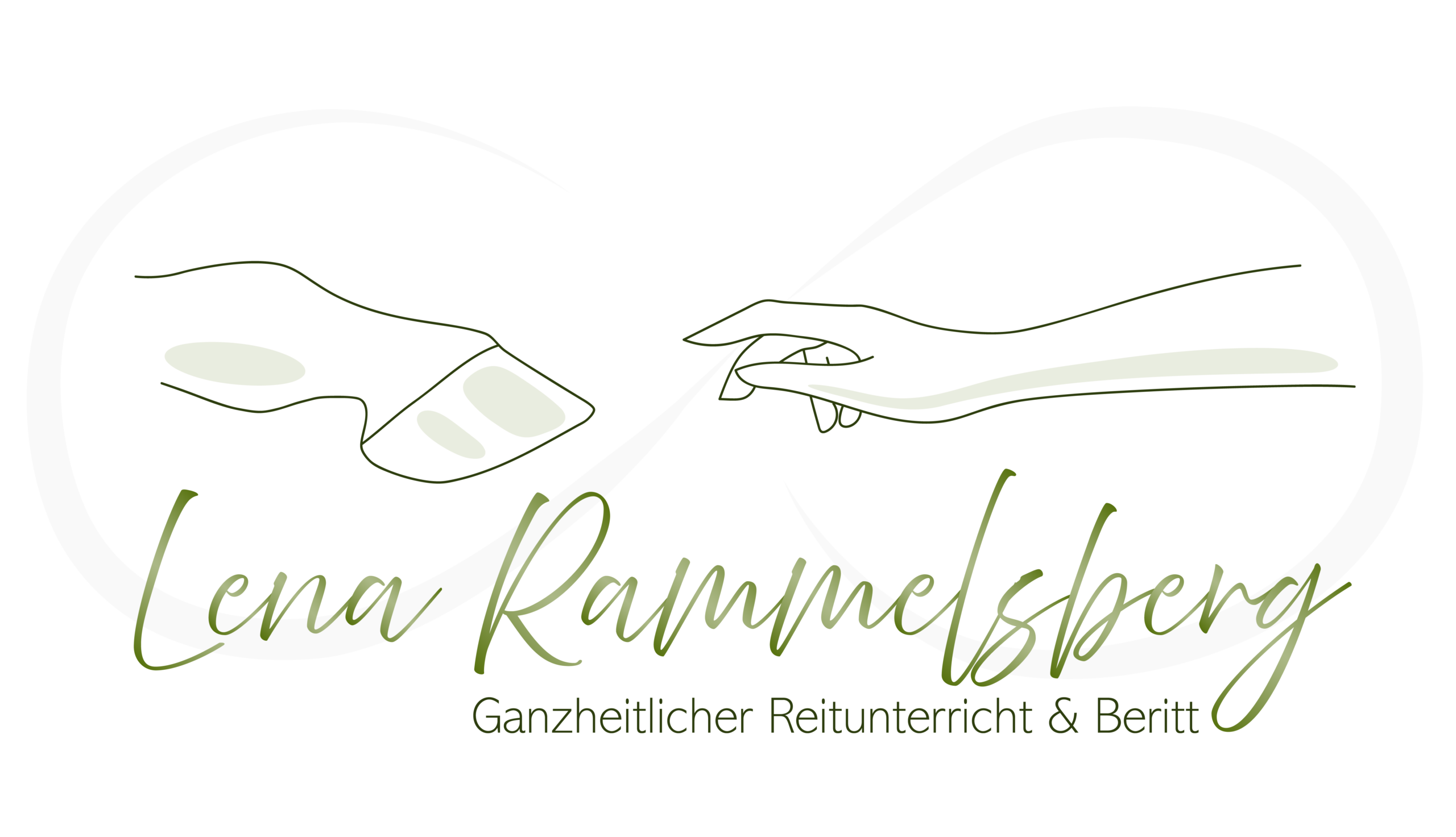In Grüntönen gestaltetes Logo mit der Schrift Lena Rammelsberg ganzheitlicher Reitunterricht und Beritt und einem Pferdehuf und eine Menschenhand, die sich fast berühren.